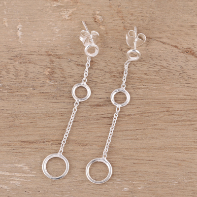 Sterling silver dangle earrings, 'Dainty Loops' - Circle Motif Sterling Silver Dangle Earrings from India