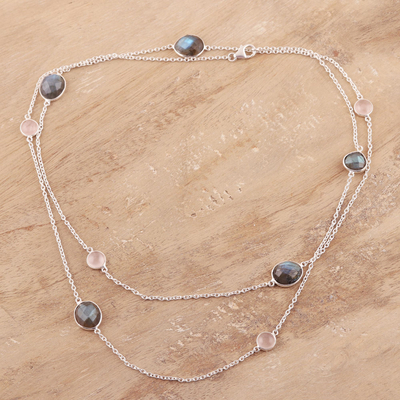 Labradorite and rose quartz station necklace, 'Eternal Fusion' - Labradorite and Rose Quartz Station Necklace from India