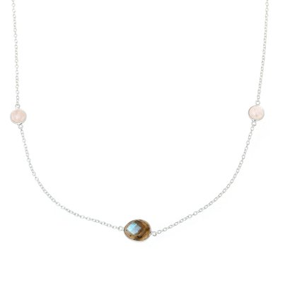Labradorite and rose quartz station necklace, 'Eternal Fusion' - Labradorite and Rose Quartz Station Necklace from India