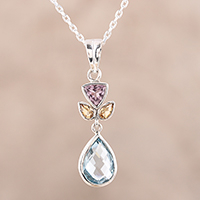 Multi-gemstone pendant necklace, 'Sparkling Combination' - Multi-Gemstone Pendant Necklace Crafted in India