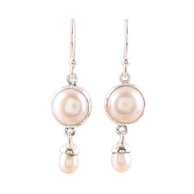 Cultured pearl dangle earrings, 'Glowing Dance' - Cultured Pearl Dangle Earrings Crafted in India