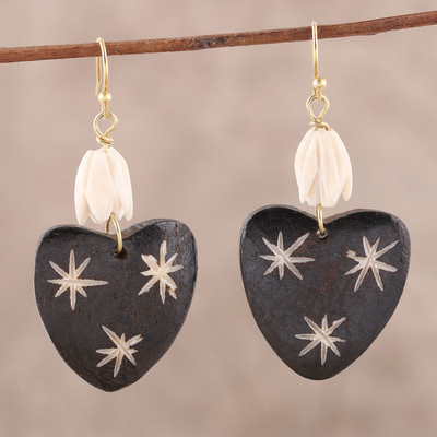 Bone dangle earrings, 'Starry Hearts' - Heart-Shaped Bone Dangle Earrings from India