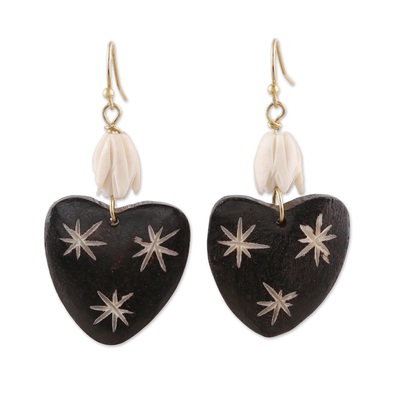 Bone dangle earrings, 'Starry Hearts' - Heart-Shaped Bone Dangle Earrings from India