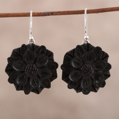 Ebony wood dangle earrings, 'Exotic Sunflower' - Sunflower Ebony Wood Dangle Earrings from India