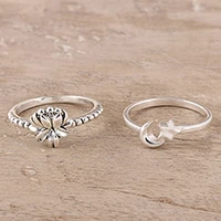 Sterling silver band rings, 'Heavenly Combination' (pair) - Floral and Moon Sterling Silver Band Rings (Pair)