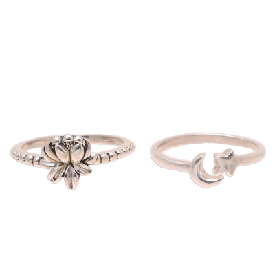 Sterling silver band rings, 'Heavenly Combination' (pair) - Floral and Moon Sterling Silver Band Rings (Pair)
