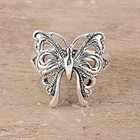 Sterling silver band ring, 'Butterfly Companion' - Butterfly Sterling Silver Band Ring from India