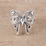 Sterling silver band ring, 'Butterfly Companion' - Butterfly Sterling Silver Band Ring from India
