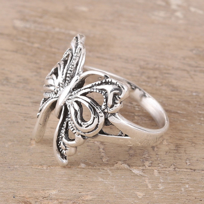 Sterling silver band ring, 'Butterfly Companion' - Butterfly Sterling Silver Band Ring from India