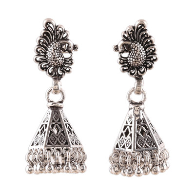 Sterling silver chandelier earrings, 'Peacock Paisley' - Peacock Jhumki Sterling Silver Earrings from India