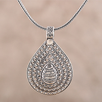 Sterling silver pendant necklace, 'Dotted Drop' - Drop-Shaped Sterling Silver Pendant Necklace from India