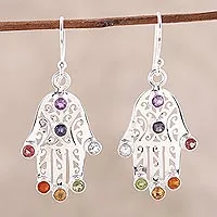 Pendientes colgantes con múltiples piedras preciosas, 'Hamsa Chakra' - Pendientes colgantes con múltiples piedras preciosas Hamsa Chakra de la India