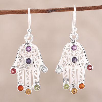 Multi-gemstone dangle earrings, Hamsa Chakra