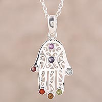 Multi-gemstone pendant necklace, 'Hamsa Chakra'