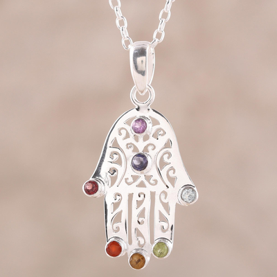 Multi-gemstone pendant necklace, Hamsa Chakra