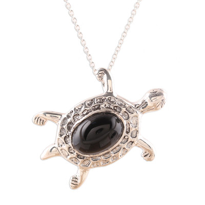 Onyx pendant necklace, 'Magical Turtle' - Black Onyx Turtle Pendant Necklace from India