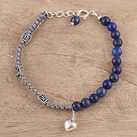 Lapis lazuli beaded macrame bracelet, 'Pretty Heart' - Lapis Lazuli Beaded Macrame Heart Bracelet from India