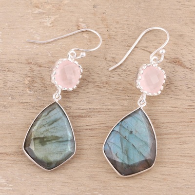 Labradorite and rose quartz dangle earrings, 'Aurora Sophistication' - Labradorite and Rose Quartz Dangle Earrings from India