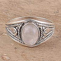 Oval Rainbow Moonstone Cocktail Ring from India,'Gleaming Appeal'