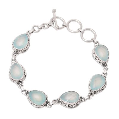 Chalcedony link bracelet, 'Glossy Blue' - Faceted Blue Chalcedony Link Bracelet from India