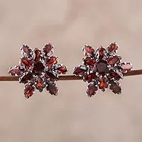 Rhodium plated garnet button earrings, 'Scarlet Burst'