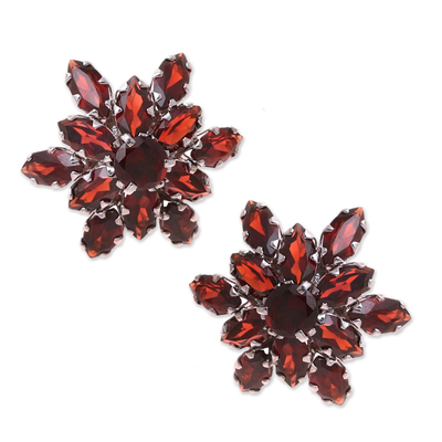 Rhodium plated garnet button earrings, 'Scarlet Burst' - 13.5-Carat Rhodium Plated Garnet Button Earrings