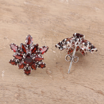 Rhodium plated garnet button earrings, 'Scarlet Burst' - 13.5-Carat Rhodium Plated Garnet Button Earrings