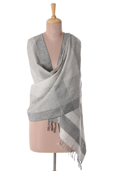 Patterned Cotton Shawl in Grey from India