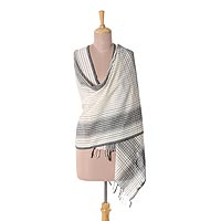 Cotton shawl, 'Classic Design' - Ivory and Black Cotton Shawl Crafted in India