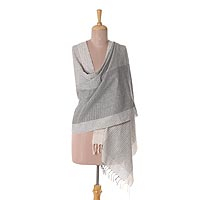 Cotton shawl, 'Grey Fantasy' - Patterned Cotton Shawl in Ivory and Black from India