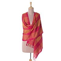 Cotton shawl, 'Vibrant Flair' - Patterned Cotton Shawl in Fuchsia and Daffodil from India