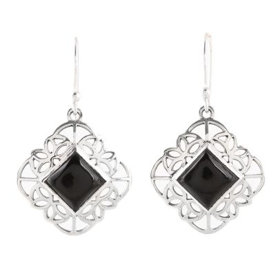 Onyx dangle earrings, 'Magical Squares' - Square Onyx Dangle Earrings from India