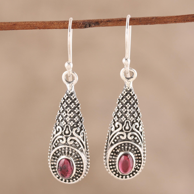 Garnet dangle earrings, 'Regal Drops' - Patterned Garnet Dangle Earrings from India