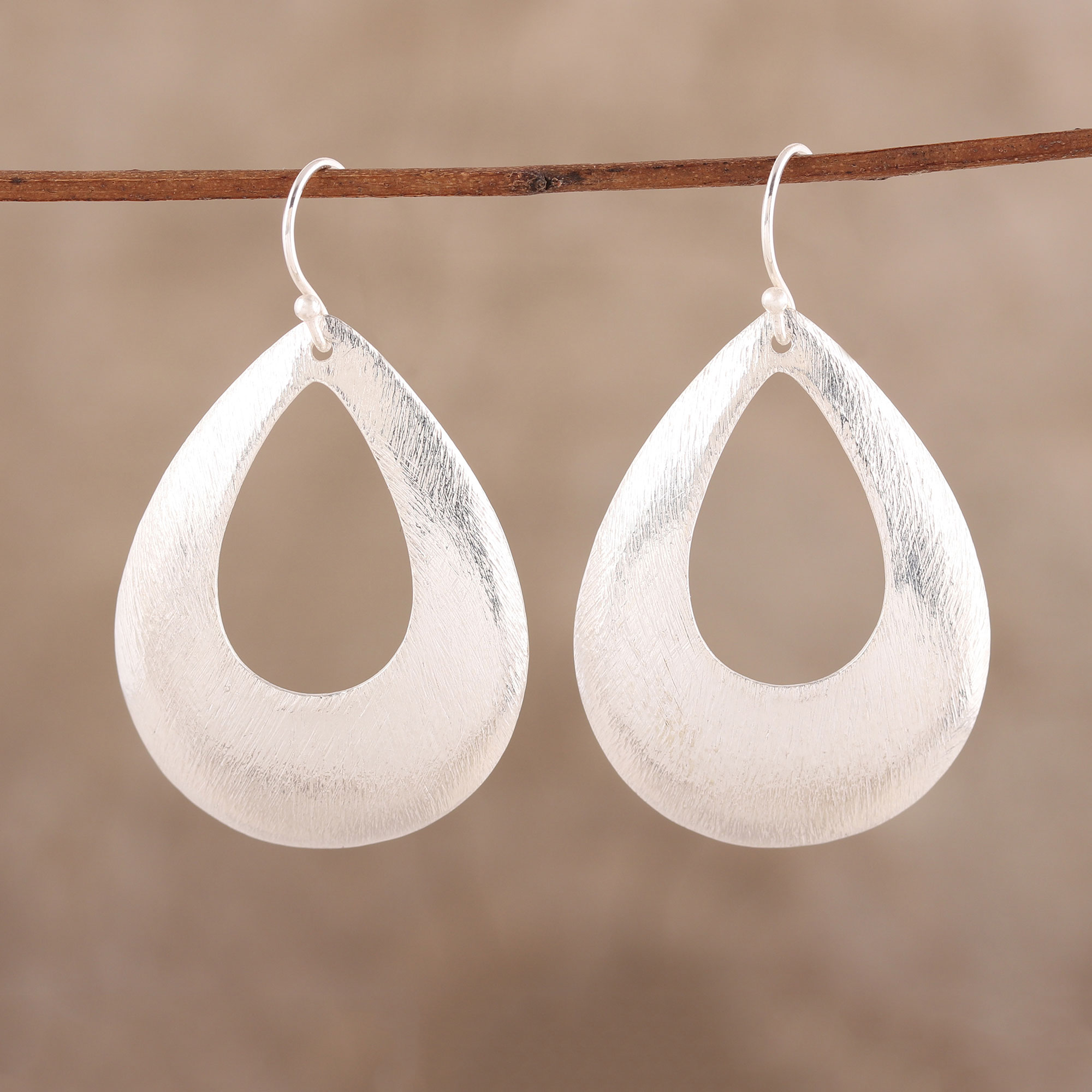 Brushed-Satin Sterling Silver Dangle Earrings from India - Shimmering  Raindrops