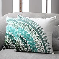 Cotton cushion covers, 'Divine Orchard in Green' (pair) - Embroidered Cotton Cushion Covers in Green from India (Pair)