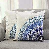 Cotton cushion covers, 'Divine Orchard in Blue' (pair)