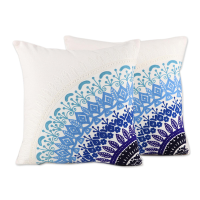 Embroidered Cotton Cushion Covers in Blue from India (Pair)