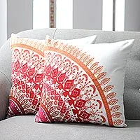 Cotton cushion covers, 'Divine Orchard in Pink' (pair) - Embroidered Cotton Cushion Covers in Pink from India (Pair)