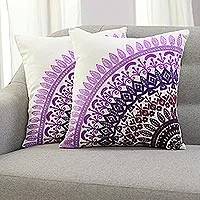 Cotton cushion covers, 'Divine Orchard in Purple' (pair) - Embroidered Cotton Cushion Covers in Purple (Pair)