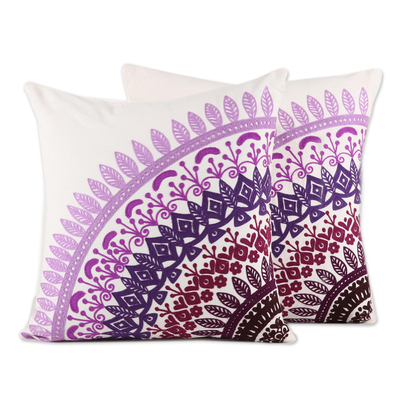 Cotton cushion covers, 'Divine Orchard in Purple' (pair) - Embroidered Cotton Cushion Covers in Purple (Pair)