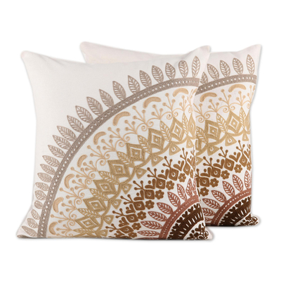 Embroidered Cotton Cushion Covers in Brown from India (Pair)