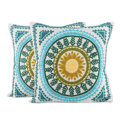 Cotton cushion covers, 'Mandala Glory' (pair) - Mandala Motif Embroidered Cotton Cushion Covers (Pair)