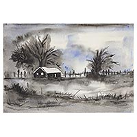 'Midnight Charm' - Signed Black and White Landscape Painting from India