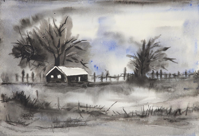 'Midnight Charm' - Signed Black and White Landscape Painting from India