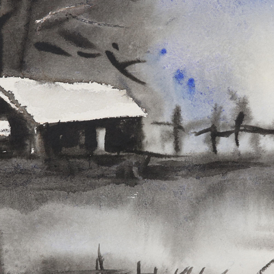 'Midnight Charm' - Pintura de paisaje en blanco y negro firmada de la India