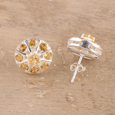 Citrine button earrings, 'Glittering Shields' - Citrine Button Earrings Crafted in India
