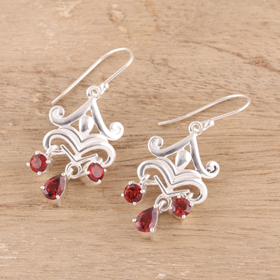 Garnet dangle earrings, 'Glimmering Dance' - 2-Carat Garnet Dangle Earrings from India