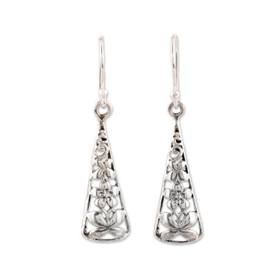 Sterling silver dangle earrings, 'Spring Pyramids' - Floral Butterfly Sterling Silver Dangle Earrings from India