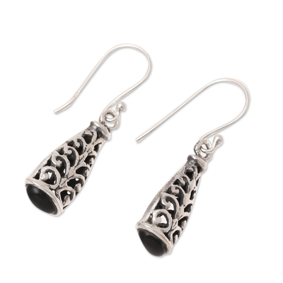 Onyx dangle earrings, 'Magic Nest' - Swirl Motif Onyx Dangle Earrings from India