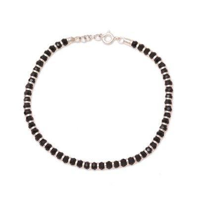 Sterling silver and glass beaded bracelet, 'Midnight Glimmer' - Sterling Silver and Glass Beaded Bracelet from India